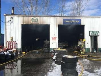 O’Neil Tire and Battery fire in Wallaceburg. (Photo courtesy of Chatham-Kent Fire and Emergency Services).