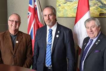 (Left to right) Simcoe County Warden Gerry Marshall, Chatham-Kent Mayor Randy Hope, and Wellington County Warden George Bridge at the Western Ontario Wardens’ Caucus meeting in Chatham February 12, 2016. (photo submitted) 