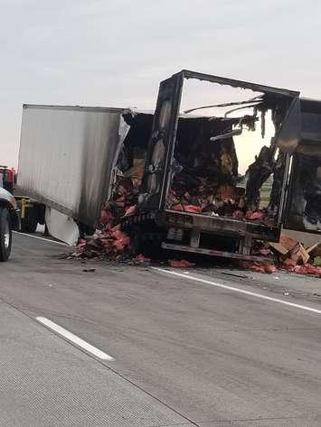 The scene after a transport truck loaded with beef caught fire on the eastbound Hwy. 401 between Tilbury and Chatham. May 20, 2021. (Photo courtesy of Chatham-Kent OPP)