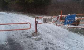 The outside gate at Wheatley Provincial Park after someone drove through it on December 9, 2017. (Photo courtesy of Chatham-Kent OPP)