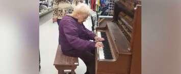 Fern Bezanson playing a piano at Value Village in Chatham. (Video courtesy of Michelle Mainwarning)