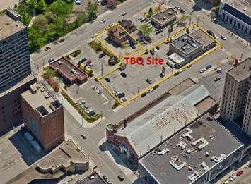 An aerial view of where the new University of Windsor School of Creative Arts will be located at the former Tunnel BBQ site. (Photo courtesy University of Windsor)