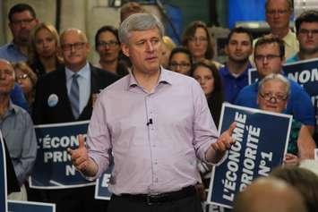 Conservative Leader Stephen Harper makes a campaign stop during the 2015 federal election at Windsor's Anchor Danly on September 20, 2015. (Photo by Ricardo Veneza)