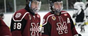 Chatham Maroons forwards Evan Wells (left) and Kyle Fisher ahead of a game against the Komoka Kings. November 2019. (Photo by Matt Weverink)