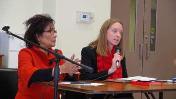 Liberal MP and Health Critic Dr. Hedy Fry (left) and Chatham-Kent-Leamington Liberal MP Candidate Katie Omstead (right) speak at a town hall for senior's health in Chatham-Kent (Photo by Jake Kislinsky). 