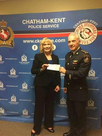 CKPS gives CK Victim Services a $45,000 cheque.  (Photo by Paul Pedro)