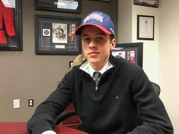 Centre Jean-Luc Foudy is pictured at the Windsor Spitfires' offices, April 7, 2018. Foudy was the team's first round pick in the 2018 OHL Priority Selection. Photo provided by the Windsor Spitfires.