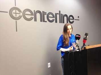 Apprentice Rebecca Turner speaks about St. Clair College's pre-apprenticeship program at a news conference at Centerline in Windsor, March 31, 2016. (Photo by Maureen Revait) 