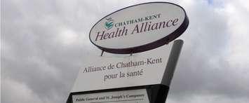 The main entrance sign at the Chatham-Kent Health Alliance. (File photo by Jake Kislinsky)