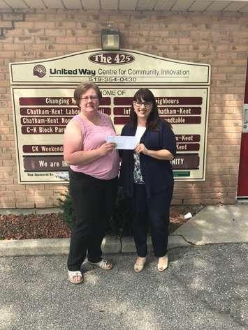 Community Living Chatham-Kent presents cheque for $1,000 to United Way for Operation Backpacks campaign. September 6, 2017. (Photo courtesy of Community Living Chatham-Kent). 