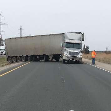 Collision on Hwy. 401 in Chatham-Kent, involving a tractor trailer. April 24, 2018. (Photo courtesy of Chatham-Kent OPP).