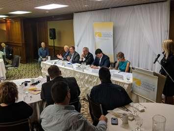 Five mayoral candidates for Chatham-Kent take part in a forum at Club Lentinas in Chatham, October 12, 2018. From left; Harold Atkinson, Darrin Canniff, Randy Hope, Robert Salvatore Powers and Alysson Storey. (Photo by Greg Higgins)

