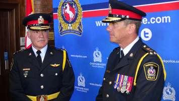 Chatham-Kent Police Chief Gary Conn and former Chief Dennis Poole at Conn's Swearing-In Ceremony (Photo by Jake Kislinsky)